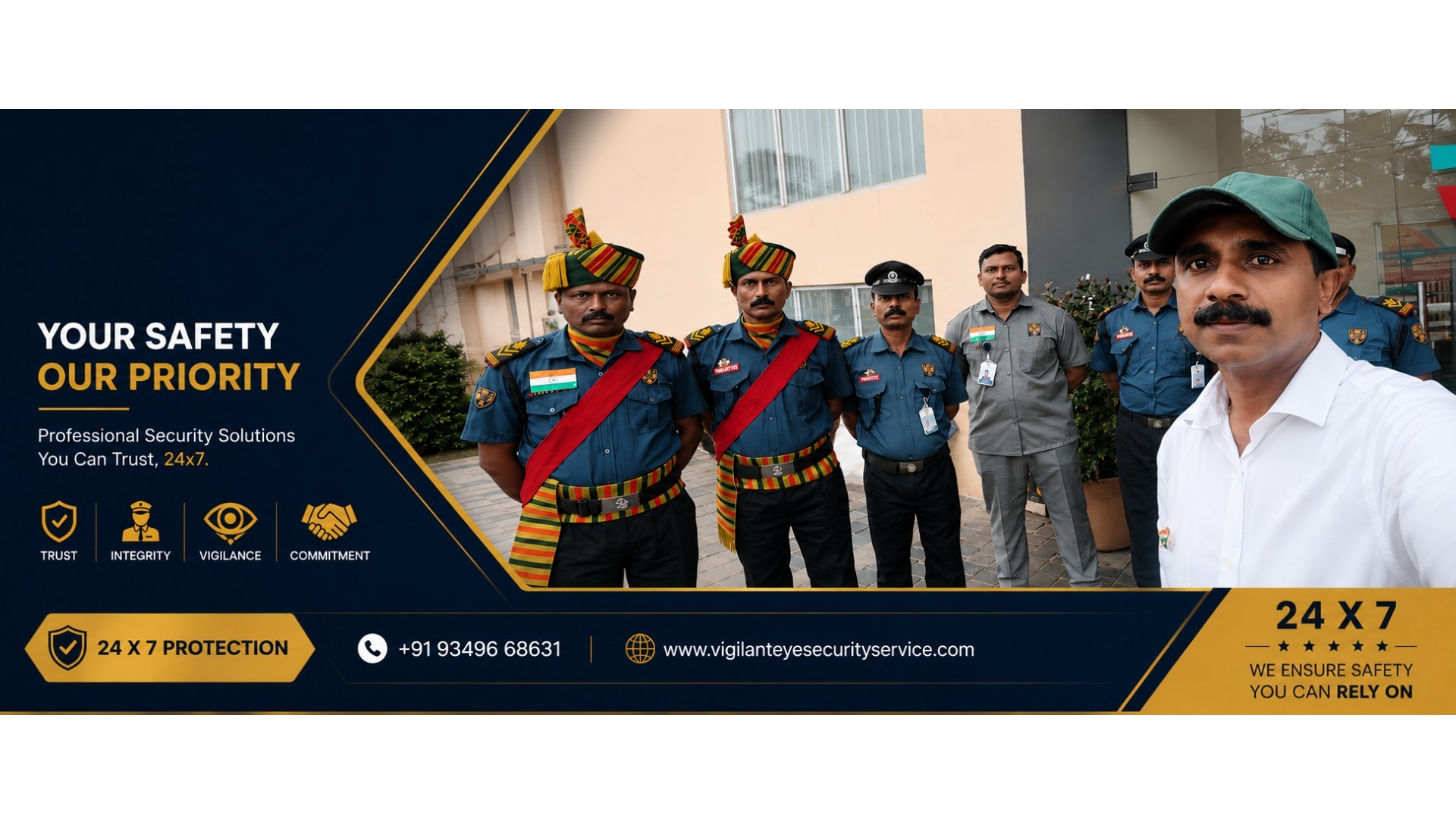 Vigilant Eye Security Service guards in ceremonial formation outside a client building