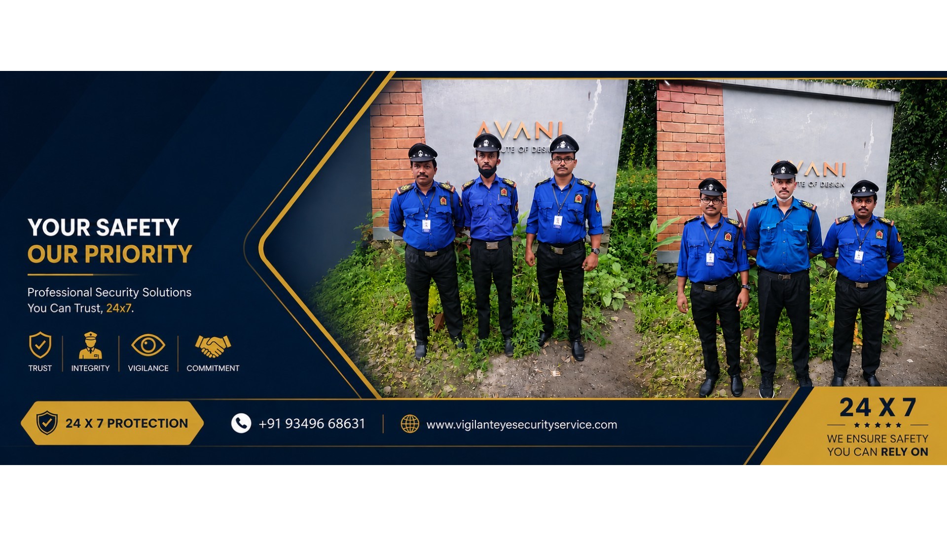 Vigilant Eye Security Service guards on duty at the Avani Institute of Design campus, shown alongside the VESS emblem